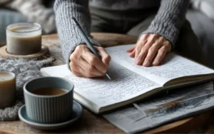 "Hands writing in a gratitude journal beside two warm drinks on a wooden table"