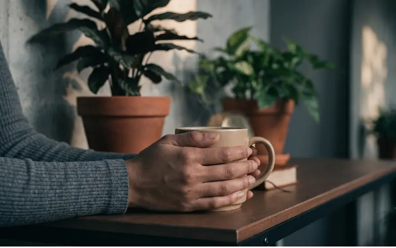Hands holding a warm cup of tea, a quiet moment of reconnecting with yourself after emotional amnesia