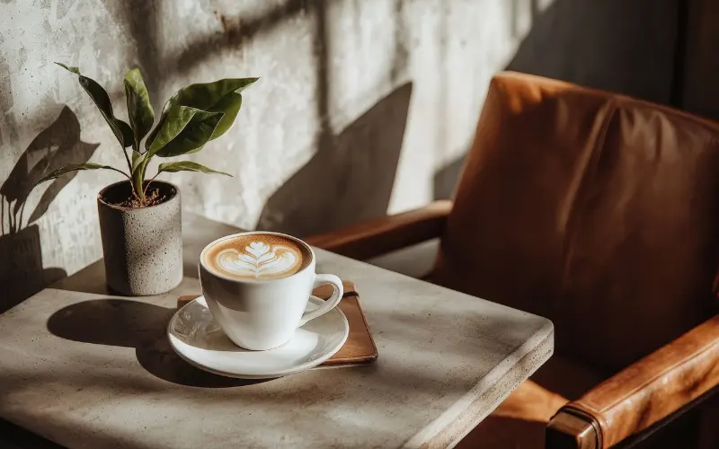 A warm cup of coffee on a stone table by a leather chair, a calm quiet moment for reflection