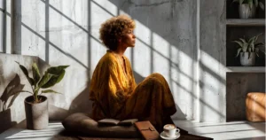 Journal prompts for when you feel lost — woman by a window in warm light, reconnecting with herself