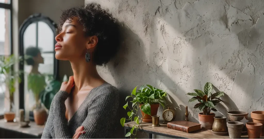 Woman standing in profile against a wall with light and shadow, holding a small mirror, symbolizing lost sense of self and emotional amnesia