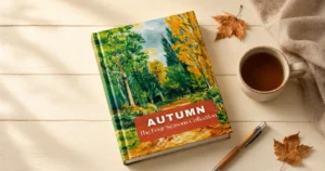 Fall journal prompts for adults with AUTUMN writing journal on a warm autumn desk