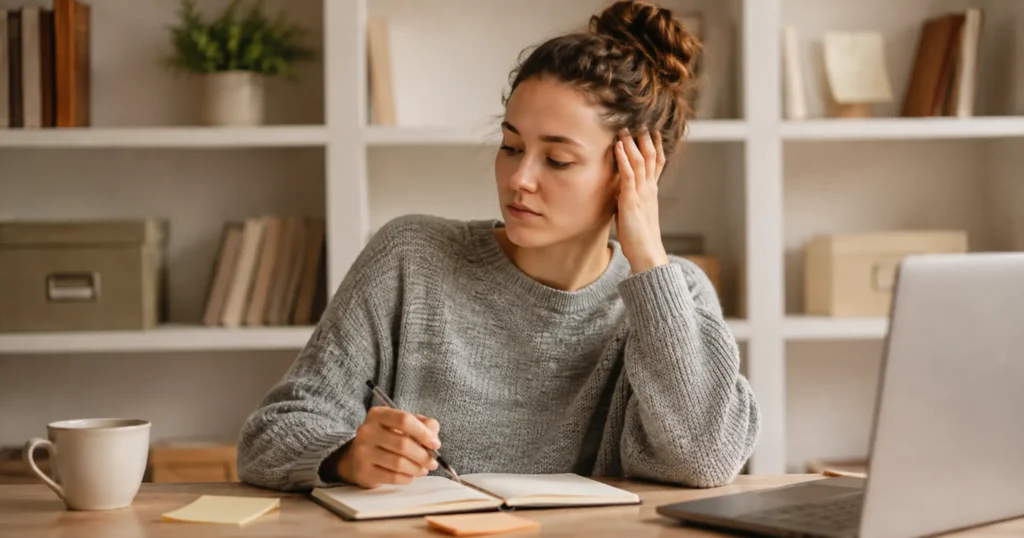 Woman pausing at her desk before journaling for overwhelm