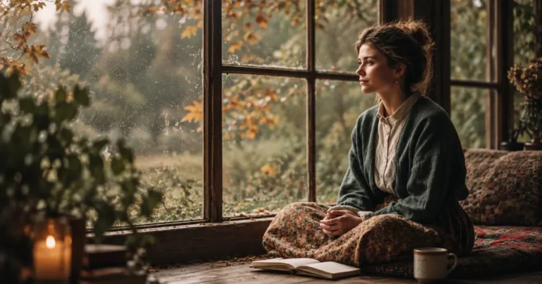 Woman reflecting by a window during a 12-week self-love journey