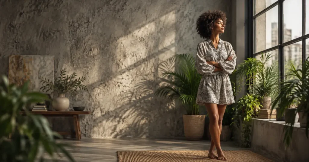 Woman standing calmly by a window while reflecting on healthy boundaries and self-respect