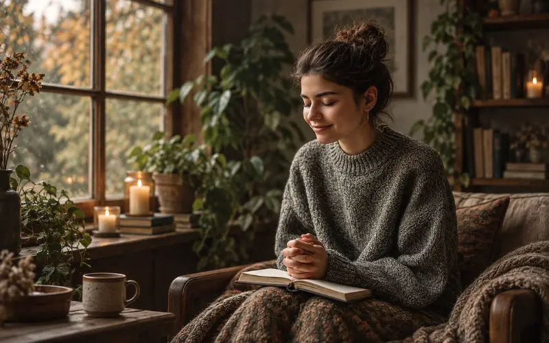 Woman pausing in reflection with a journal during a self-love practice