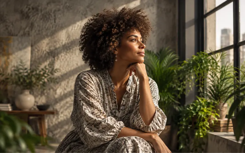 Woman reflecting on healthy boundaries without guilt and self-respec