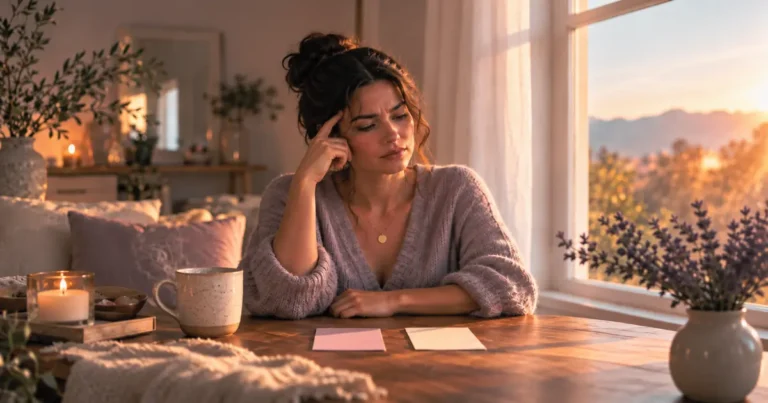 Woman experiencing fear of making the wrong decision while considering two choices at a table.